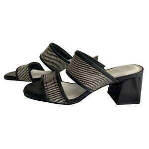 CAPELLI ROSSI BLACK WHITE INDI-90 STRAPPY SLIP ON GLOSSY BLOCK HEEL SANDALS - 9